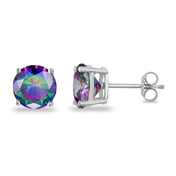 Butterfly Prong Round Simulated Rainbow CZ Stud Earrings 925 Sterling Silver